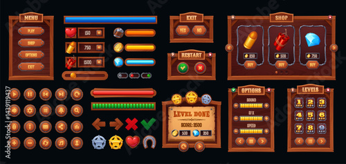 Wild west interface of western game with wooden ui elements, menu buttons, sliders, progress bars, currency indicators and level selectors. Cartoon vector icons for cowboy, saloon or adventure games