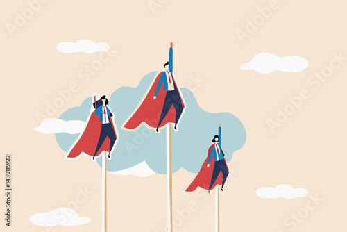 Professional people to help business success, teamwork or unity, super power to grow business fast, strength or team support concept, business people team members superhero flying high up in the sky.