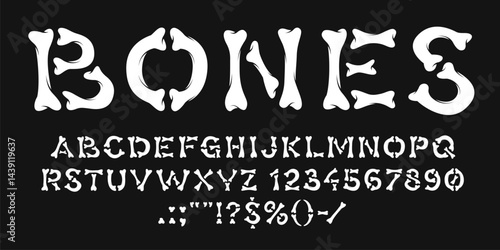 Bones font, Day of the Dead typeface, Halloween skeleton letters type, spooky scary alphabet. Cartoon skeleton bones font abc characters vector typography. Halloween or Dia de los Muertos holiday type