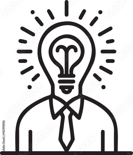 Innovative Professional with Glowing Lightbulb Head in Minimalist Line Drawing Style