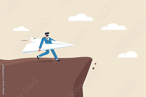 Try new idea start new business, startup risk, entrepreneur or creativity, failure, innovation and courage to win business concept, businessman running with paper origami airplane for first launch.