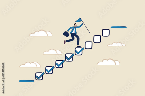 Progression from start to success, development or improvement, challenge to progress and win competition, tasks completion to finish project, businessman step on checklist to progress to target.