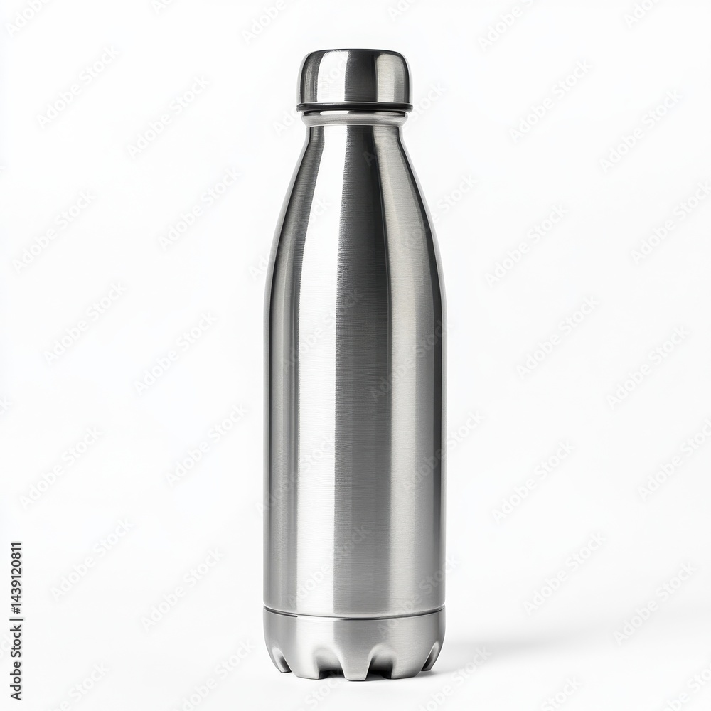 Polished stainless steel water bottle with a metallic cap against a plain white background, ideal for product presentation Polished stainless steel water bottle with a metallic cap against a plain white background, ideal for product presentation