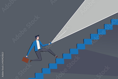 Flashlight to see opportunity, discover business way of success, challenge to find direction in the dark, leadership concept, confidence businessman with flashlight or torch running up stair.