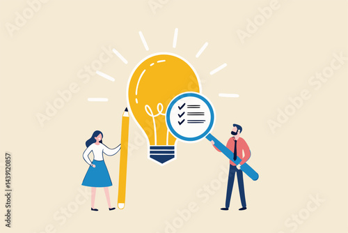 Business viability checking, feasibility study by market research to see possibility to success in real world, evaluate profitable of business idea, businessman with magnifier analyze lightbulb idea.