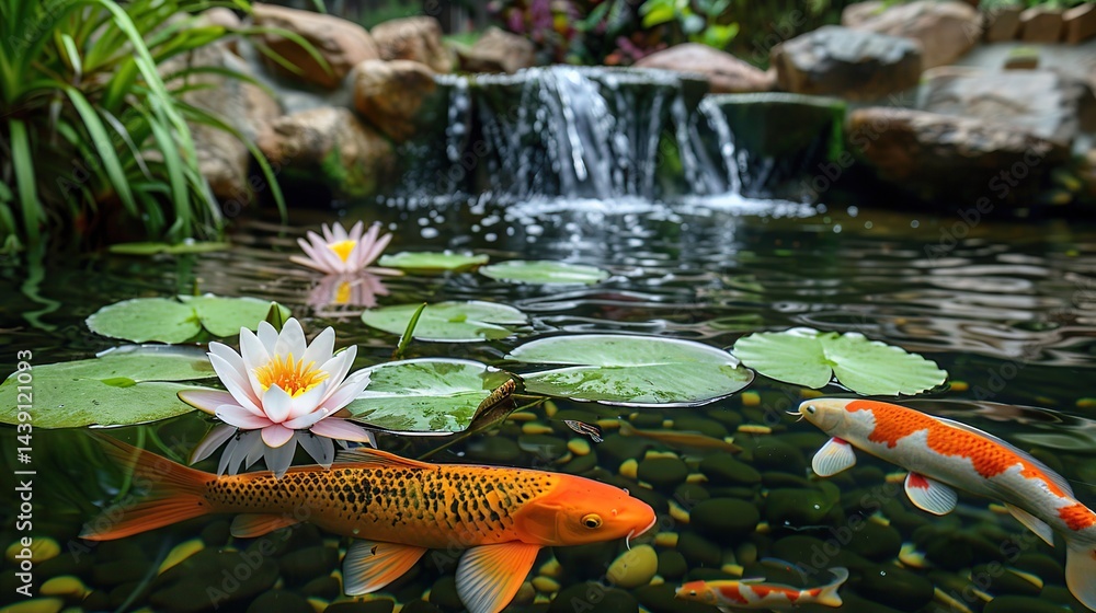 Fototapeta premium Tranquil aquatic scene with lily flowers and koi fish in harmony