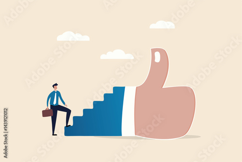 Success steps to reach work achievement, stair or ladder of success, self improvement or career development, step to succeed and reach goal concept, businessman begin to walk up stair to thumb up.