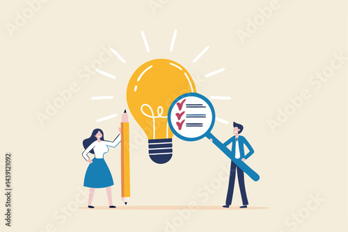 Business viability checking, feasibility study by market research to see possibility to success in real world, evaluate profitable of business idea, businessman with magnifier analyze lightbulb idea.