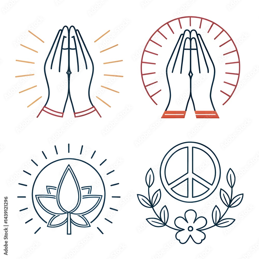 Spiritual Peace Symbols Praying Hands Lotus Flower Peace Sign Line Art Icons Spiritual Peace Symbols Praying Hands Lotus Flower Peace Sign Line Art Icons