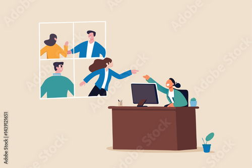 Hybrid work employee choice to remote work from home or come to office, flexible workplace for productivity concept, businessman sitting in office talk in conference call with people work from home.