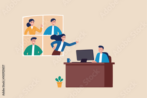 Hybrid work employee choice to remote work from home or come to office, flexible workplace for productivity concept, businessman sitting in office talk in conference call with people work from home.