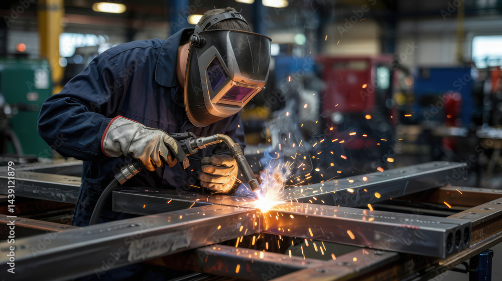 Skilled worker uses welding equipment in industrial setting to join metal parts with sparks flying, highlighting mechanical technology in industry Skilled worker uses welding equipment in industrial setting to join metal parts with sparks flying, highlighting mechanical technology in industry