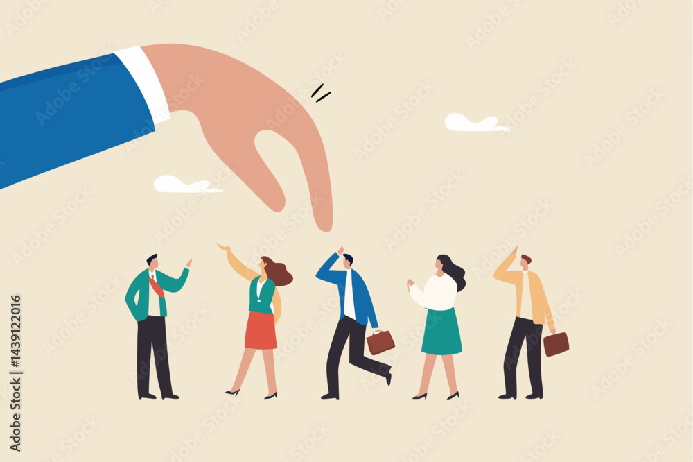 Choosing candidate for job vacancy, human resources or manager pick success candidate, searching for success people concept, giant businessman hand HR pick up winner from group of job candidate. Choosing candidate for job vacancy, human resources or manager pick success candidate, searching for success people concept, giant businessman hand HR pick up winner from group of job candidate.