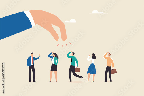 Choosing candidate for job vacancy, human resources or manager pick success candidate, searching for success people concept, giant businessman hand HR pick up winner from group of job candidate.