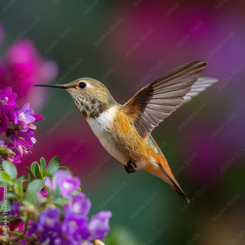 Fototapeta premium Hummingbird on purple flower soft focus image