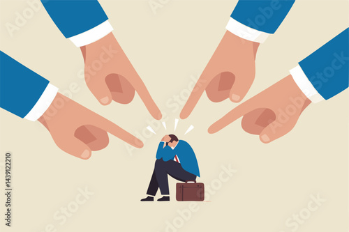 Toxic work, abuse or bullying colleagues, bad culture make exhausted depressed employee, fear of failure and responsibility, giant boss hands pointing and blaming at depressed businessman employee.