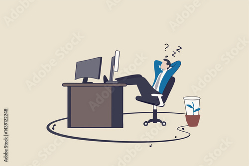 Toxic office, jealousy colleagues, office abuse or bullying, betrayal or threats, failure comfort zone or work problem concept, businessman getting chill on his desk being sawing floor broken down.