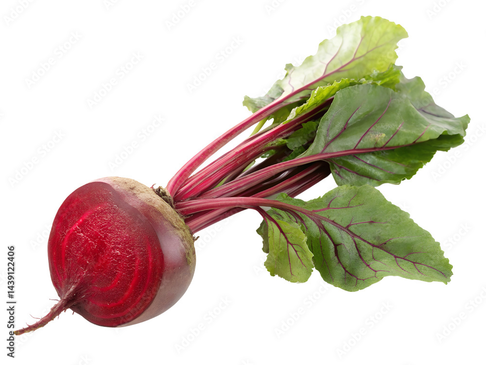Fresh Beetroot with Green Leaves and Sliced Cross-Section Isolate on transparent background cutout, PNG file, Cutout file