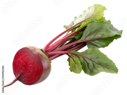 Obraz na płótnie Fresh Beetroot with Green Leaves and Sliced Cross-Section Isolate on transparent background cutout, PNG file, Cutout file w salonie