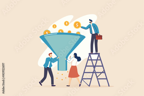 Idea funnel, brainstorm to get solution or final idea, creativity, innovation or imagination to create inspiring solution concept, business people help put small lightbulb in funnel to get final idea.