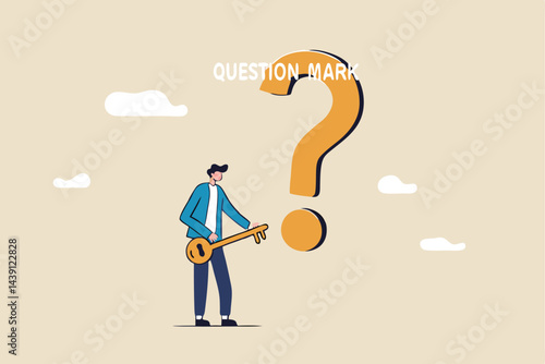Key to unlock answer for problem and questions, solution or reason to solve problem, wisdom or understanding concept, smart businessman holding golden key to unlock keyhole on question mark sign.