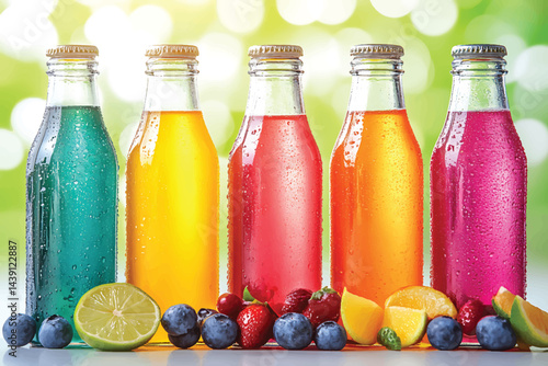 Colorful fruit soda bottles with fresh berries and citrus arrangement