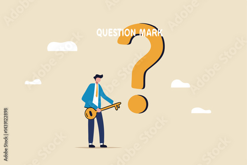 Key to unlock answer for problem and questions, solution or reason to solve problem, wisdom or understanding concept, smart businessman holding golden key to unlock keyhole on question mark sign.