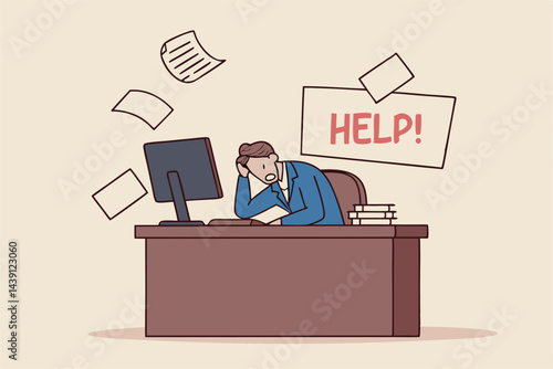 Asking for help to finish overload work, support or help needed, solution to solve busy work problem, overworked or trouble concept, depressed businessman hold help needed sign on busy working desk.