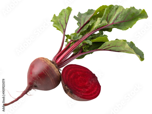 Fresh Beetroot with Green Leaves and Sliced Cross-Section Isolate on transparent background cutout, PNG file, Cutout file