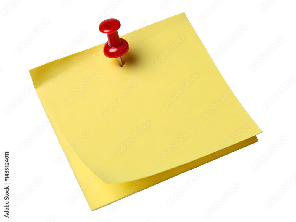 Yellow Sticky Note with Red Push Pin Isolate on transparent background cutout, PNG file, Cutout file