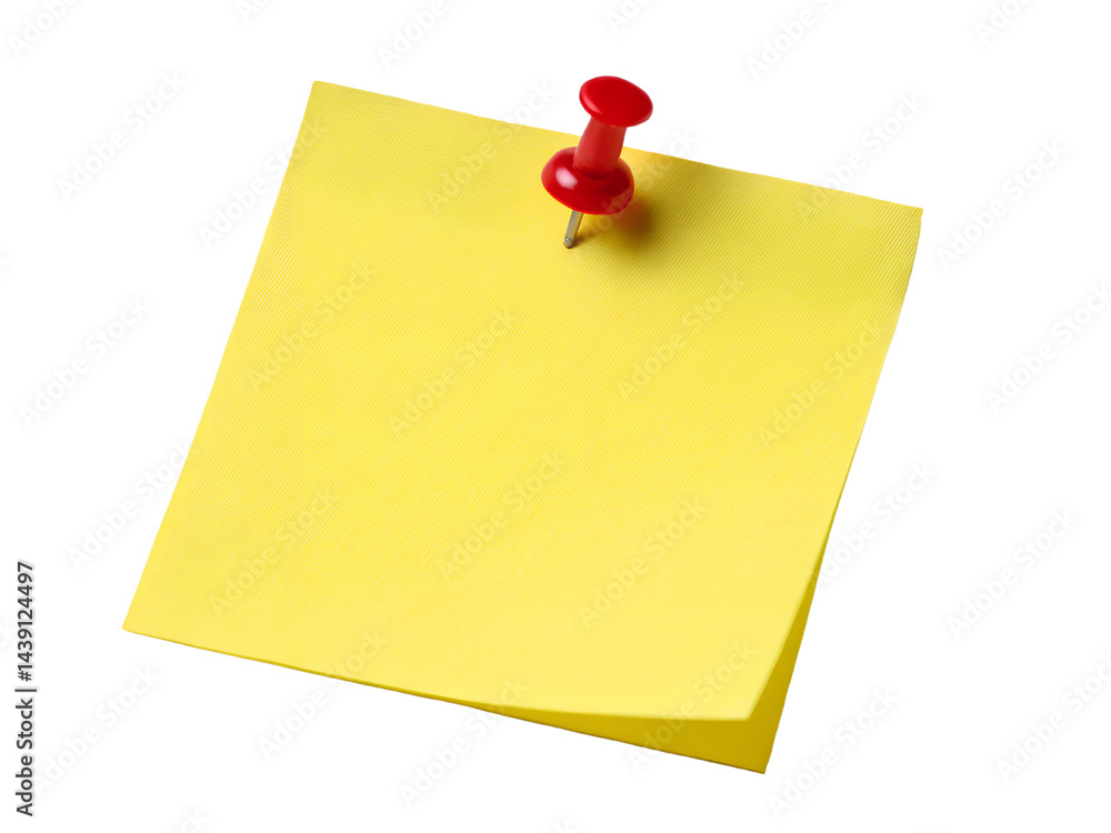 Yellow Sticky Note with Red Push Pin Isolate on transparent background cutout, PNG file, Cutout file