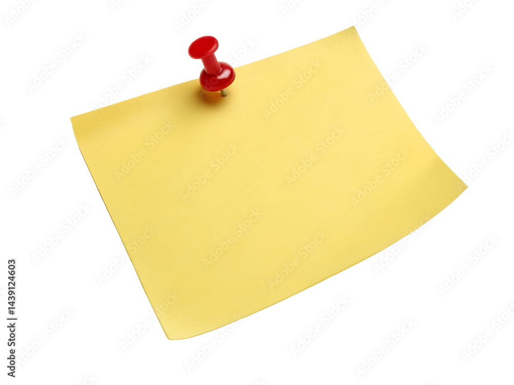Yellow Sticky Note with Red Push Pin Isolate on transparent background cutout, PNG file, Cutout file