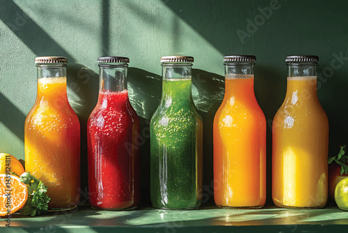 Freshly squeezed fruit and vegetable juices displayed in glass bottles