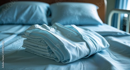 Patient gown neatly folded on a hospital bed background