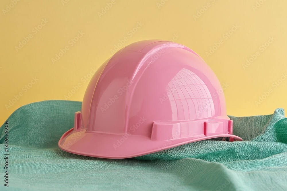 Fototapeta premium A vibrant pink safety helmet rests on a teal cloth surface.