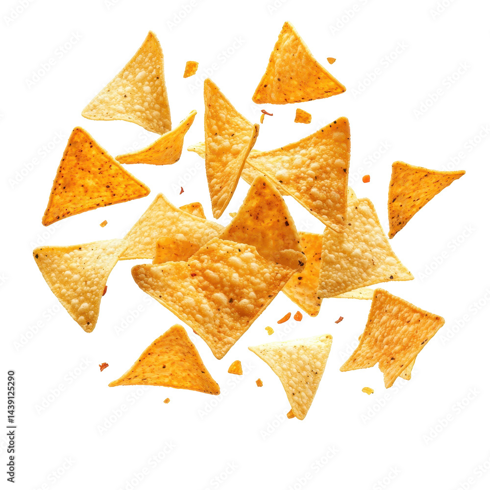 Delicious corn chips flying in mid-air creating a fun and playful snack moment Delicious corn chips flying in mid-air creating a fun and playful snack moment