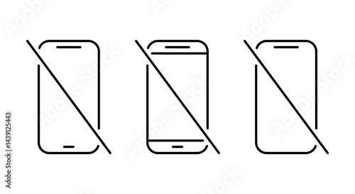 No mobile phone device outline icon set. Crossed-out smartphone symbol. Cellphone prohibition sign. Editable stroke