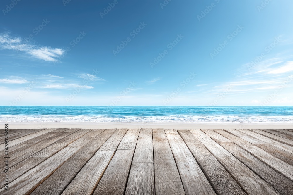 Coastal Serenity Inviting Wooden Deck Overlooking a Tranquil Ocean Under a Bright Blue Sky Coastal Serenity Inviting Wooden Deck Overlooking a Tranquil Ocean Under a Bright Blue Sky