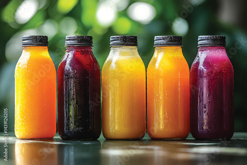 Row of colorful fruit and vegetable juices in glass bottles