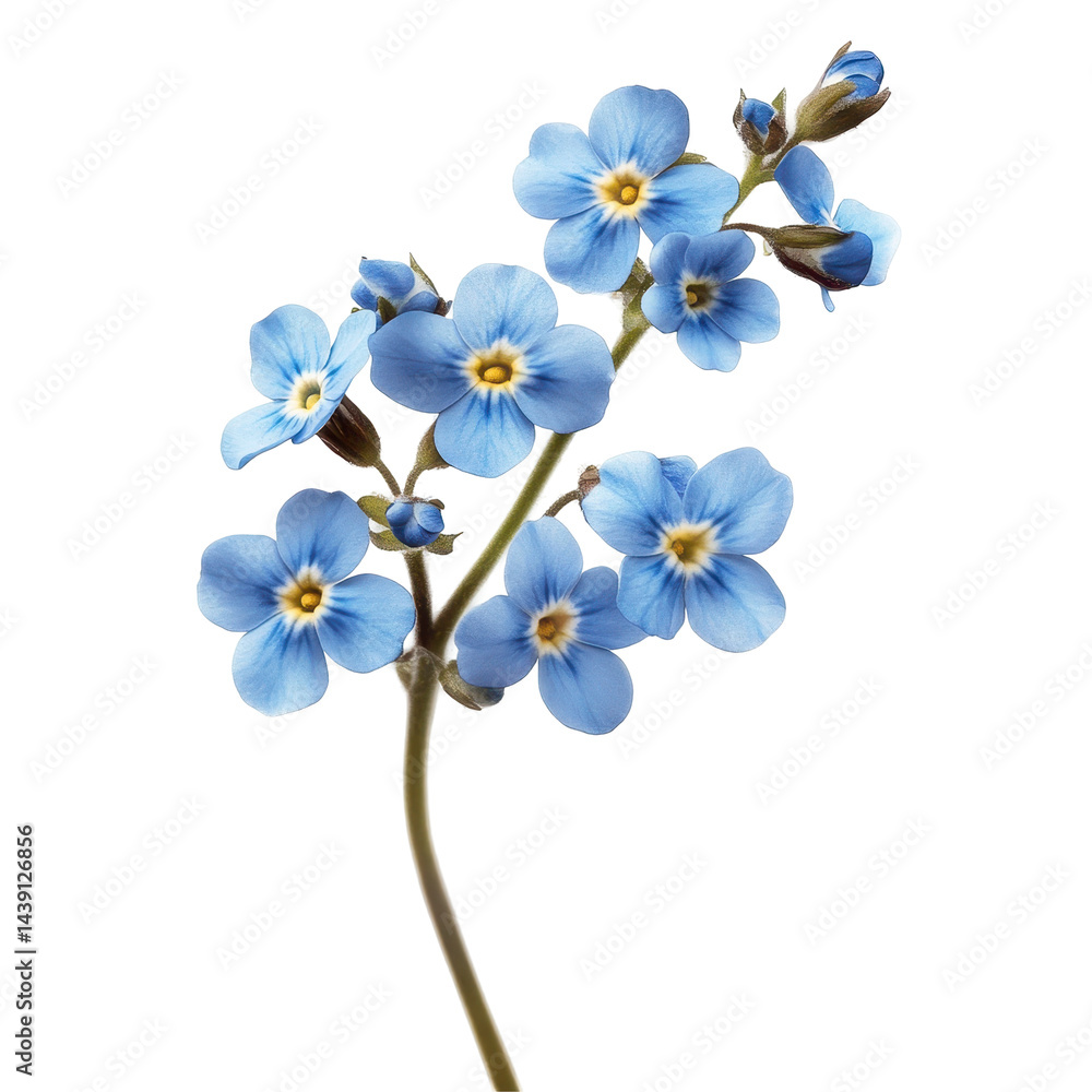 Obraz premium Delicate blue forget-me-nots bloom against a white background in a serene display of nature's beauty