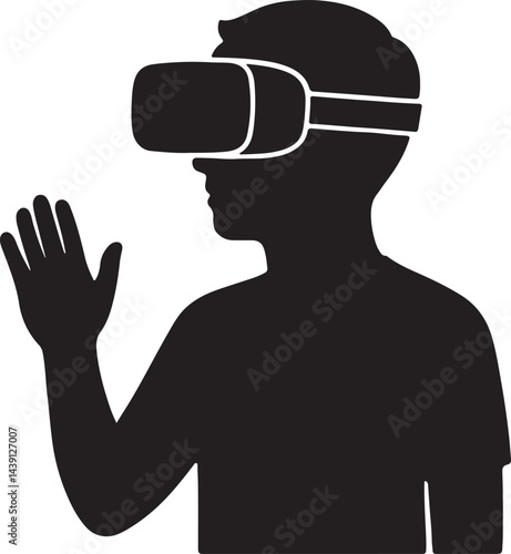 Black silhouette of person wearing vr headset icon vector illustration