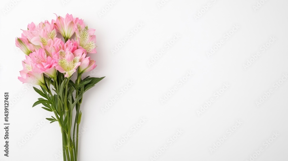 A bouquet of delicate pink flowers in a minimalist white background, fresh blooms with green leaves, and simple and elegant floral arrangement. A bouquet of delicate pink flowers in a minimalist white background, fresh blooms with green leaves, and simple and elegant floral arrangement.