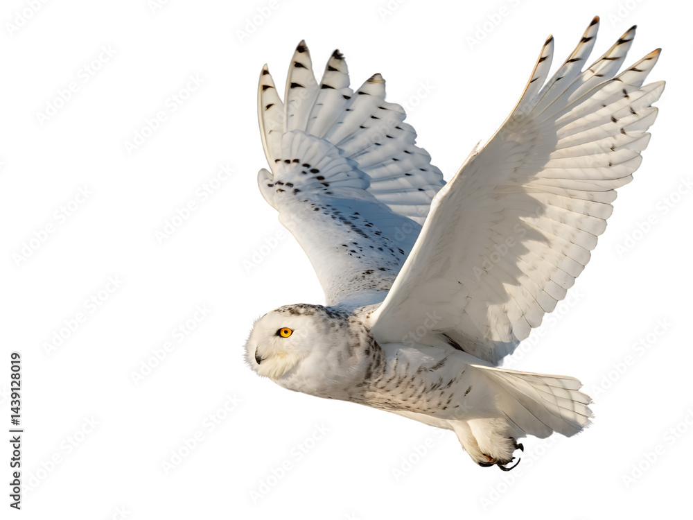 Snowy Owl in Flight Isolate on transparent background cutout, PNG file, Cutout file