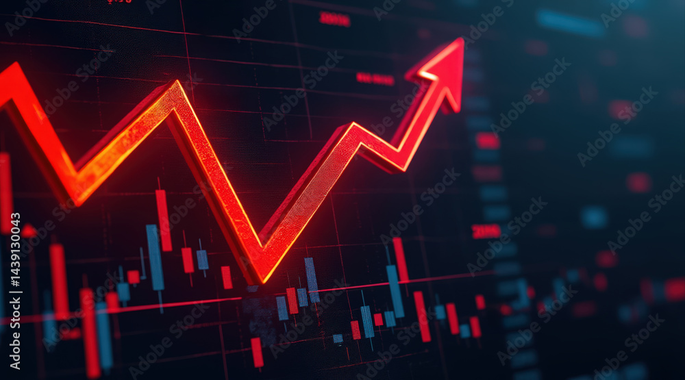 A dynamic financial chart displaying a sharp upward trend with vibrant red arrows indicating growth and market momentum. A dynamic financial chart displaying a sharp upward trend with vibrant red arrows indicating growth and market momentum.