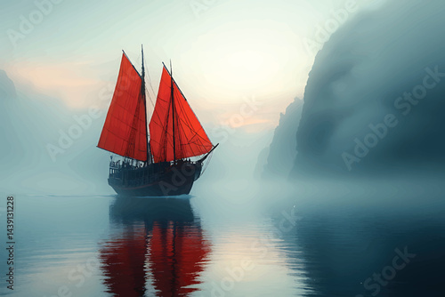 Red sail junk boat in foggy ha long bay scenic seascape