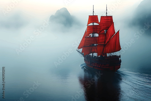 Red sailboat drifting across misty waters with mountain backdrops in the distance