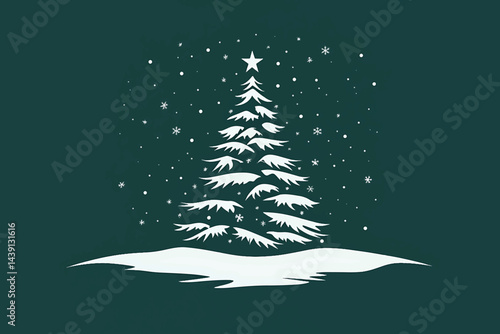 Elegant christmas tree silhouette in white with snowfall on dark green background