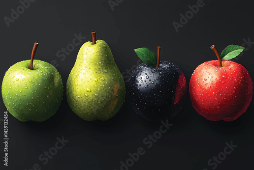 Fresh apples and pears with water droplets on a dark background
