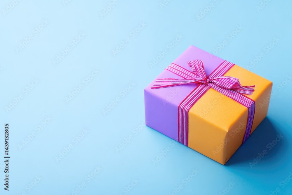 single gift box wrapped in vibrant paper with ribbon on smooth solid background with ample copy space single gift box wrapped in vibrant paper with ribbon on smooth solid background with ample copy space