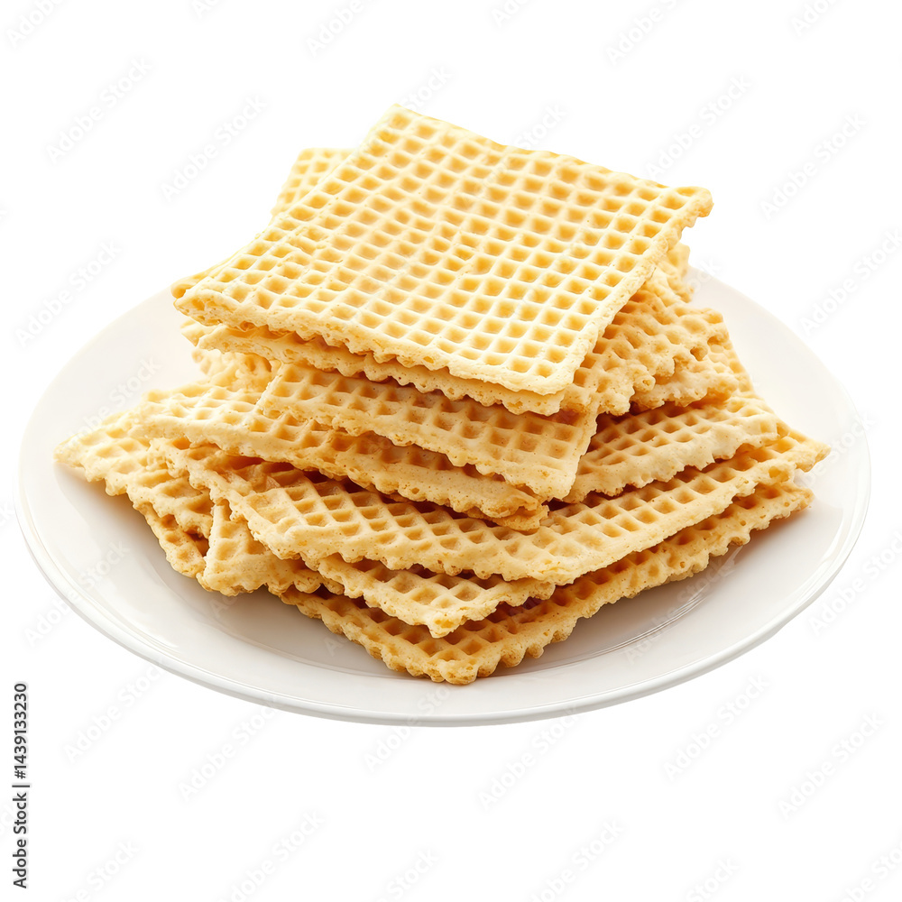 Fototapeta premium Crispy wafers stacked neatly on a transparent plate against a plain background, Wafers in a plate isolated on transparent background